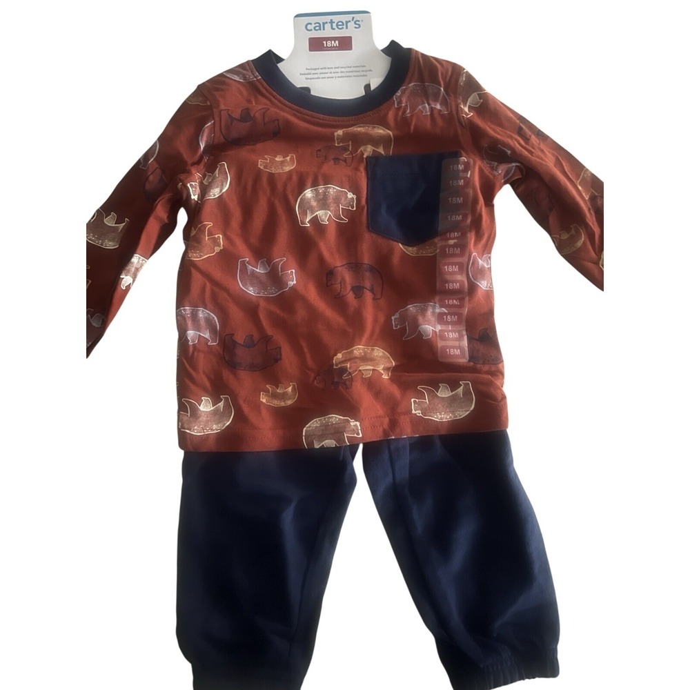 Carter's 18M Baby Boy 2pc Pajama Set Rust Orange Bear Long Sleeve Navy Pants